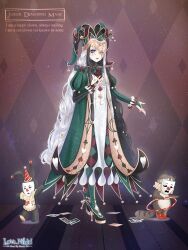  1girl animal argyle_background artist_request asymmetrical_sleeves bead_necklace beads black_bridal_gauntlets black_nails black_shoes bridal_gauntlets brown_background card character_name closed_mouth clothed_animal clown club_(shape) copyright_logo diamond_print dress english_text facial_tattoo frown full_body green_bridal_gauntlets green_hat green_pantyhose green_robe grey_lips half_mask hand_on_own_chest hat heart heart_print high_heels hula_hoop jester_cap jewelry joker_&amp;_diamond_mask_(miracle_nikki) juliet_sleeves light_particles lipstick logo long_dress long_hair long_sleeves makeup mascara mask miracle_nikki mismatched_bridal_gauntlets mismatched_sleeves nail_polish neck_ruff necklace nikki_(series) official_art one_eye_closed outline outstretched_hand pantyhose playing_card print_robe puffy_sleeves rabbit raccoon robe sad shoes solo spade_print standing tattoo teardrop_tattoo third-party_source turtleneck vertical-striped_sleeves very_long_hair violet_eyes wavy_hair white_dress white_hair white_outline yellow_mask 