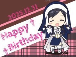  1girl artist_name assault_lily blue_dress blue_veil boots bow bowtie brown_background chibi commentary cross dated dress full_body gloves hand_on_own_hip happy_birthday highres hotaru_(ultraroly_poly) knee_boots lace-up_boots latin_cross long_sleeves makabe_melania_sayoko nun open_hand outstretched_arm plaid_background reaching reaching_towards_viewer see-through_clothes solo standing thigh-highs two-tone_background veil waist_cape white_background white_boots white_bow white_bowtie white_gloves white_thighhighs 