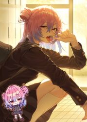  1girl absurdres black_jacket black_skirt breasts brown_eyes candy chibi chibi_inset commentary_request commission crossed_bangs day double-parted_bangs food gradient_hair hair_between_eyes hair_bun half-closed_eye highres holding holding_candy holding_food holding_lollipop indoors jacket licking lollipop long_hair long_sleeves looking_at_viewer multicolored_hair multiple_views okubatomaeba open_mouth original pink_hair school single_hair_bun skirt small_breasts socks squatting teeth tongue tongue_out white_socks 