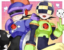  armor ball_and_chain_(weapon) black_hair bodysuit covered_eyes cowboy_shot dice double_soul_(mega_man) green_armor helmet knightman.exe mace male_focus mega_man_(series) mega_man_battle_network_(series) mega_man_battle_network_5 megaman.exe netnavi numberman.exe rokuroku551 short_hair smile spiked_mace spikes spiky_hair weapon 