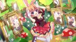  1girl :d ahoge alice_in_wonderland animal_ears ascot back_bow black_footwear blue_eyes bow brown_suit bush cardboard_cutout club_(shape) cosplay diamond_(shape) dot_nose dutch_angle fake_animal_ears fake_tail film_grain flower game_cg gloves heart izumi_tsubasu jumping lens_flare looking_at_viewer mary_janes multiple_reflections mushroom non-web_source official_art open_mouth orange_hair pink_ascot rabbit_ears rabbit_pose rabbit_tail re:stage! red_bow red_skirt reflection shikimiya_mana shoes short_hair short_sleeves skirt smile spade_(shape) sparkle stage suit suit_jacket tail thigh-highs tree white_flower white_gloves white_rabbit_(alice_in_wonderland) white_rabbit_(alice_in_wonderland)_(cosplay) white_thighhighs wire wooden_floor yellow_ascot zettai_ryouiki 
