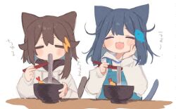  2girls :d animal_ears apron blue_apron blue_hair blush_stickers bowl brown_hair cat_ears cat_girl cat_tail chopsticks closed_eyes commentary_request double-parted_bangs drawstring eating fang fish_hair_ornament food hair_ornament hand_on_own_cheek hand_on_own_face holding holding_chopsticks hood hood_down hoodie long_sleeves multiple_girls noamem noodles open_mouth original short_hair shrimp shrimp_tempura simple_background smile tail tempura translation_request upper_body white_background white_hoodie 