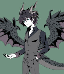  1boy absurdres alternate_form black_hair black_sclera blue_eyes colored_sclera colored_skin cowboy_shot dragon_boy dragon_horns dragon_tail dragon_wings dress_shirt fate/apocrypha fate_(series) fokwolf formal_clothes green_background grey_pants grey_vest hand_in_pocket highres horns male_focus pants shirt sieg_(fate) solo tail vest white_skin wings 