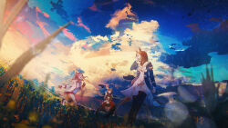  3girls absurdres animal_ears armband bare_shoulders black_pantyhose blue_eyes blue_jacket bow braid braided_hair_rings breasts brown_hair buruma closed_eyes corset detached_sleeves dress ear_bow ear_covers ear_ornament ear_ribbon fingerless_gloves gentildonna_(regina_dei_fiori)_(umamusume) gentildonna_(umamusume) gloves grass_wonder_(stone-piercing_blue)_(umamusume) grass_wonder_(umamusume) hair_between_eyes hair_ornament hair_rings haru_urara_(bestest_prize)_(umamusume) haru_urara_(umamusume) headband heart-shaped_ornament heart_ear_ornament highres horse_ears horse_girl horse_tail jacket large_breasts long_hair long_sleeves multicolored_hair multiple_girls open_mouth outdoors pantyhose pink_buruma pink_hair pink_headband ponytail red_armband red_buruma red_corset red_eyes red_gloves red_headband sailor_collar see-through_cleavage see-through_clothes shirt sky smile socks striped_clothes striped_socks tail thigh-highs umamusume walts_p. white_dress white_gloves white_hair white_jacket white_sailor_collar white_shirt white_thighhighs 