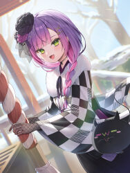  1girl :d absurdres bibi_(tokoyami_towa) black_choker black_gloves black_hakama blunt_bangs blurry blurry_foreground checkered_clothes checkered_kimono choker commentary_request day demon_girl fang fishnet_gloves fishnets flower fur_scarf gloves gradient_hair green_eyes hair_flower hair_ornament hair_over_shoulder hairclip hakama hakama_skirt highres hololive japanese_clothes kimono lace lace_choker long_hair looking_at_viewer low_side_ponytail multicolored_hair official_alternate_costume official_alternate_hairstyle open_mouth outdoors pink_hair purple_hair runlan_0329 shrine skin_fang skirt smile solo swept_bangs tokoyami_towa tokoyami_towa_(new_year) virtual_youtuber x_hair_ornament 