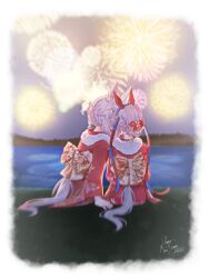  2girls aerial_fireworks ahoge animal_ears blue_hairband bow braid braided_bun ear_covers ear_ornament fireworks flower fur-trimmed_kimono fur_trim grey_hair grey_tail hair_bun hair_flower hair_ornament hairband headband highres horse_ears horse_girl horse_tail japanese_clothes kimono kiss koppiaa long_hair long_sleeves multicolored_hair multicolored_hairband multiple_girls oguri_cap_(umamusume) pink_kimono red_headband red_kimono sash striped_clothes striped_hairband tail tamamo_cross_(umamusume) two-tone_hairband umamusume yuri 