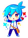  1boy blue_eyes blue_footwear blue_hair blue_pants chibi full_body highres jacket long_sleeves offbeat pants puyopuyo red_eyes shoes short_hair sig_(puyopuyo) simple_background sneakers solo white_background white_jacket 