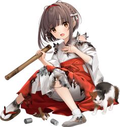  1girl braid brown_eyes brown_hair burnt_clothes cat full_body hakama hakama_skirt holding hoshiakari_(c2_kikan) japanese_clothes kantai_collection kimono miko official_art red_hakama sandals short_hair_with_long_locks side_braids single_sandal skirt socks solo stick tabi transparent_background ukuru_(kancolle) ukuru_(miko)_(kancolle) white_kimono white_socks wide_sleeves 