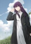  1girl black_coat closed_mouth coat dress field hand_up highres long_hair outdoors purple_hair sky solo sousou_no_frieren straight_hair violet_eyes white_dress yoichi_hnkn 