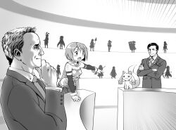  2boys :3 alien better_call_saul breaking_bad cape closed_mouth collared_shirt commentary courtroom crossover english_commentary formal_clothes gloamy gloves greyscale highres howard_hamlin kyubey looking_at_another magical_girl mahou_shoujo_madoka_magica miki_sayaka miki_sayaka_(magical_girl) monochrome multiple_boys multiple_girls necktie open_mouth pointing pointing_at_another saul_goodman shirt short_hair standing suit upper_body 