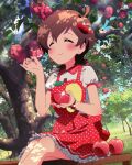  1girl ahoge annindoufu_(oicon) apple apple_hair_ornament apple_tree back_bow bead_bracelet beads bench blue_sky bow bowl bracelet brown_hair closed_eyes closed_mouth clouds collar collared_shirt day dress feet_out_of_frame food food-themed_hair_ornament frilled_dress frills fruit gleam grass hair_ornament holding holding_bowl holding_spoon idolmaster idolmaster_million_live! idolmaster_million_live!_theater_days jewelry kinoshita_hinata light_blush official_art polka_dot polka_dot_bow polka_dot_dress puffy_short_sleeves puffy_sleeves red_bow red_collar red_dress shirt short_dress short_hair short_sleeves sitting sky smile solo spoon suspenders tree white_shirt 