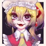  1girl alternate_eye_color alternate_headwear ascot black_background blonde_hair border collared_shirt flandre_scarlet frilled_headwear hair_between_eyes looking_at_viewer lowres medium_hair one_side_up open_mouth portrait red_ribbon ribbon rog92 shirt solo teeth touhou violet_eyes white_border white_headwear yellow_ascot 