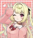  1girl ahoge blonde_hair brown_choker cardigan choker commentary double_v ebiura_akane hair_intakes heterochromia highres hoshikawa_sara hoshikawa_sara_(4th_costume) long_hair nijisanji one_eye_closed pink_cardigan red_eyes smile solo symbol-only_commentary two_side_up v virtual_youtuber 