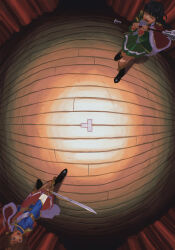  2girls absurdres aijou_karen black_boots black_hair blue_jacket blunt_bangs boots closed_eyes commentary curtains fisheye from_above green_skirt highres holding holding_mace holding_sword holding_weapon jacket knee_boots long_sleeves looking_at_another m000oomin mace multiple_girls open_mouth saber_(weapon) shoujo_kageki_revue_starlight skirt smile stage standing sword symbol-only_commentary tsuyuzaki_mahiru two_side_up weapon wide_shot wooden_floor 