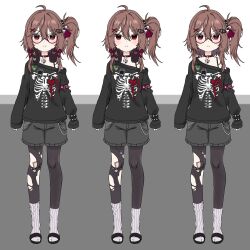  ahoge alternate_hair_length alternate_hairstyle armlet bandaid bandaid_on_knee bandaid_on_leg belt_collar black-framed_eyewear black_pantyhose black_slippers black_sweater bra_strap bracelet broken_heart broken_heart_hair_ornament brown_hair choker closed_mouth clothes_on_and_off collar commentary double-parted_bangs english_commentary evil_neuro-sama frown full_body glasses grey_background grey_shorts hair_between_eyes hair_ornament hair_ribbon headphones headphones_around_neck heart highres jewelry multiple_bracelets necklace nightmaremask07 off-shoulder_sweater off_shoulder pantyhose red_choker red_ribbon ribbon shorts side_ponytail sidelocks single_hair_intake skeleton_print skull_hair_ornament skull_necklace sleeves_past_wrists slippers socks spiked_armlet spiked_hair_ornament split_mouth standing studded_bracelet sweater tachi-e torn_clothes torn_hair_ribbon torn_pantyhose v-shaped_eyebrows vedal_ai wallet_chain white_background white_socks x_hair_ornament 