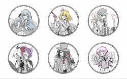  6+girls animal_ears ascot ave_mujica_(bang_dream!) bang_dream! bang_dream!_it's_mygo!!!!! black_hair blazer blonde_hair blood blood_on_clothes blood_on_face blood_on_hands blood_on_weapon blue_eyes blue_hair candlestand cape chihaya_anon closed_mouth coat collared_shirt curtsey expressionless fang fantasy green_hair hand_tattoo haneoka_school_uniform hat heart_(organ) highres holding holding_candlestand holding_heart_(organ) holding_sword holding_weapon jacket jewelry kemonomimi_mode long_hair looking_at_viewer magic misumi_uika multiple_girls neck_tattoo necktie pink_hair plague_doctor_mask pleated_skirt ra_reityalice ring school_uniform shirt skirt smile sword tattoo togawa_sakiko tongue tongue_out top_hat veil violet_eyes wakaba_mutsumi weapon wolf_ears yahata_umiri yellow_eyes yuutenji_nyamu 