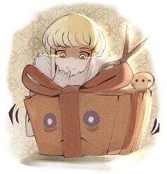  ... 1girl blonde_hair bob_cut box chepet closed_mouth commentary english_commentary esper-fia_esupa frown fur_collar gift gift_box myst_case ragnarok_online shaded_face short_bangs short_hair sidelocks smile spoken_ellipsis yellow_eyes 