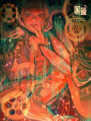  1boy 1other artist_name cassock commentary english_commentary enrico_pucci gears green_eyes highres instagram_username jojo_no_kimyou_na_bouken jojo_pose karssama long_hair long_sleeves looking_at_viewer made_in_heaven_(stand) male_focus smile stand_(jojo) star_(symbol) stone_ocean twitter_username 