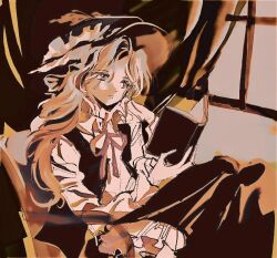  1990s_(style) 1girl 6osquet book chair closed_mouth collared_shirt curtained_hair curtains dolls_in_pseudo_paradise expressionless faux_retro_artstyle floppy_hat frilled_hat frills hair_over_one_eye hat hat_feather head_tilt holding holding_book indoors jacket_girl_(dipp) long_hair long_skirt long_sleeves looking_outside looking_to_the_side monochrome neck_ribbon on_chair orange_theme parted_bangs petticoat retro_artstyle ribbon sepia shirt sitting skirt solo tareme touhou vest wavy_hair window 