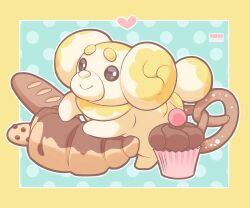  artist_name border bread brown_eyes closed_mouth cookie croissant cupcake dog english_commentary fidough food heart kishishiotani no_humans pokemon pokemon_(creature) polka_dot polka_dot_background pretzel smile solo yellow_border 