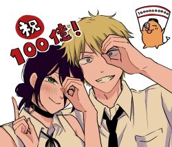  1boy 1girl 1other bare_shoulders black_choker black_hair black_necktie black_ribbon blonde_hair blush breasts brown_eyes chainsaw_man choker closed_mouth collared_shirt commentary_request creature denji_(chainsaw_man) green_eyes grenade_pin grin hair_between_eyes hair_bun hand_over_eye highres looking_at_viewer medium_breasts medium_hair neck_ribbon necktie parted_lips pochita_(chainsaw_man) reze_(chainsaw_man) ribbon sharp_teeth shirt short_hair sleeveless sleeveless_shirt smile teeth trapcrea updo upper_body white_background white_shirt 
