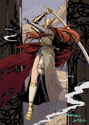  1girl arms_up commentary elden_ring english_commentary full_body helmet highres holding holding_sword holding_weapon linceyang malenia_blade_of_miquella prosthesis prosthetic_arm prosthetic_leg solo sword weapon 