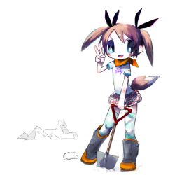  1girl aqua_thighhighs bandana bandana_around_neck blue_eyes blush boots brown_hair commentary digging fang fox_tail full_body great_pyramid_of_giza great_sphinx_of_giza hand_up holding holding_shovel kujira looking_at_viewer miniskirt open_mouth orange_bandana original pink_skirt planted planted_shovel pyramid_(structure) rubber_boots shirt short_hair short_sleeves shovel simple_background skirt smile solo standing striped_clothes striped_thighhighs t-shirt tail thigh-highs twintails v v-shaped_eyebrows white_background white_shirt 