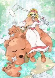  1girl absurdres axe bear bear_cub blonde_hair blush brown_shoes bug butterfly collared_dress commentary_request dominions dot_nose dress flask green_eyes headband highres holding holding_axe holding_flask leaf leaning_to_the_side log long_hair long_sleeves mushroom open_mouth outdoors red_dress red_headband shoes snow standing teeth tongue tongue_out tree two-tone_dress upper_teeth_only watarohata white_dress white_sleeves 