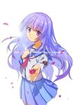  1girl angel_beats! blue_sailor_collar blue_skirt commentary_request commission cowboy_shot flower highres irie_miyuki long_hair neckerchief pink_neckerchief pleated_skirt purple_hair sailor_collar satomi_yoshitaka school_uniform serafuku shinda_sekai_sensen_uniform simple_background skirt solo translation_request violet_eyes white_background 