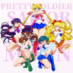 5girls aino_minako back_bow bishoujo_senshi_sailor_moon bishoujo_senshi_sailor_moon_(first_season) black_hair blonde_hair blue_boots blue_eyes blue_hair blue_sailor_collar blue_skirt boots bow bowtie brown_hair choker circlet commentary_request copyright_name covered_navel crescent_beam double_bun elbow_gloves floating_hair full_body gloves green_boots green_eyes green_sailor_collar green_skirt hair_bobbles hair_bun hair_ornament high_heels highres hino_rei inner_senshi kino_makoto lace-up_boots legs leotard long_hair magical_girl miniskirt mizuno_ami moon_tiara_action multiple_girls open_mouth orange_choker orange_hair orange_sailor_collar orange_skirt pink_bow pirochi pleated_skirt pointing pointing_at_viewer ponytail pump purple_bow purple_bowtie red_bow red_bowtie red_sailor_collar red_shoes red_skirt sailor_collar sailor_collar_lift sailor_jupiter sailor_mars sailor_mercury sailor_moon sailor_senshi sailor_senshi_uniform sailor_venus shabon_spray shiny_skin shirt shoes short_hair simple_background skirt sleeveless sleeveless_shirt squatting tiara tsukino_usagi twintails very_long_hair violet_eyes white_background white_gloves white_shirt 