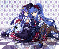 2girls alternate_costume alternate_hairstyle ascot back-to-back black_ribbon blue_eyes blue_hair bow checkered_background checkered_floor commentary_request detached_sleeves dress empty_eyes flower frederica_bernkastel frills frown furudo_erika gothic_lolita hair_ornament hat lolita_fashion long_hair momofukki multiple_girls one_side_up pantyhose print_pantyhose red_ascot ribbon rose skirt smile striped_clothes striped_thighhighs thigh-highs top_hat umineko_no_naku_koro_ni violet_eyes white_ribbon white_skirt 