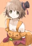  1girl asagao_21 black_headwear brown_hair dress elbow_gloves food-themed_clothes gloves green_eyes halloween_costume hidamari_sketch highres leaning_forward orange_background orange_dress pumpkin red_gloves short_hair smile solo yuno_(hidamari_sketch) 