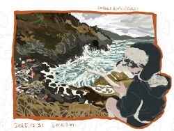  black_hair callie_(splatoon) commentary_request fur_trim highres hood hoodie mask oil_painting_(medium) original painting_(medium) sitting standing tamoike_(tamepond) tentacle_hair traditional_media water waves 