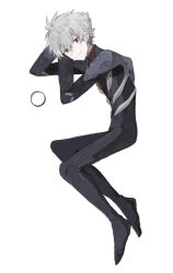  1boy closed_mouth english_commentary grey_hair hair_between_eyes highres light_smile looking_at_viewer lying male_focus mecha_pilot_suit nagisa_kaworu neon_genesis_evangelion on_side oshio_(baniniwana) plugsuit_(evangelion) red_eyes simple_background solo white_background 