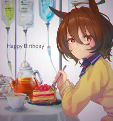  1girl agnes_tachyon_(umamusume) ahoge animal_ears black_collar black_necktie black_tea brown_hair cake cake_slice chromatic_aberration closed_mouth collar collared_shirt commentary_request crumbs cup dessert eating elbow_on_table food food_on_face fork fruit full_mouth glass_teapot hair_between_eyes happy_birthday highres holding holding_fork horse_ears horse_girl intravenous_drip long_sleeves looking_at_viewer looking_to_the_side necktie raised_eyebrows red_eyes shirt short_hair short_necktie sitting solo strawberry strawberry_cake sweater table tablecloth tea teacup teapot tenagaebi umamusume upper_body white_background yellow_sweater 