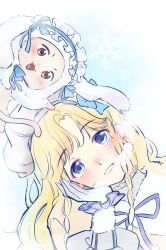  1girl animal animal_ear_hood animal_ears beret blonde_hair blue_background blue_bow blue_bowtie blue_eyes blue_hairband bow bowtie braid breath brown_jacket cat chinese_commentary cloak clothed_animal collared_jacket commentary_request dot_nose earrings eyelashes frilled_hairband frilled_shirt frilled_sleeves frills fur-trimmed_jacket fur-trimmed_sleeves fur_cloak fur_trim gloves grey_gloves grey_shirt grin hair_bow hairband hand_on_own_cheek hand_on_own_face happy hat head_tilt highres hood hood_up hooded_cloak infinity_nikki jacket jewelry light_blush lips lolita_hairband long_hair long_sleeves lop_rabbit_ears momo_(nikki) neck_ribbon nikki_(series) official_alternate_costume parted_bangs pink_lips pom_pom_(clothes) pom_pom_earrings puffy_long_sleeves puffy_sleeves purple_ribbon rabbit_ears ribbon shirt side_braids smile snowflakes snowing stylist_(nikki) turtleneck turtleneck_shirt twin_braids two-tone_background upper_body very_long_hair white_background white_cat white_cloak white_gloves white_hat zhenzi_jiang 