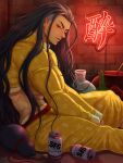  1boy alcohol artist_name beer black_hair brick_wall earrings epuusa highres jamie_siu jewelry long_hair long_sleeves male_focus on_ground pants shirt sitting solo street_fighter street_fighter_6 wavy_hair yellow_pants yellow_shirt 