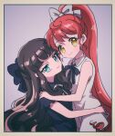  2girls bare_shoulders black_bow black_dress black_vs_white blue_eyes border bow brown_hair closed_mouth collared_dress dress grey_background hair_bow hand_on_another&#039;s_shoulder highres hug kurosu_aroma long_hair looking_at_viewer multiple_girls neck_ribbon ponytail pretty_(series) pripara redhead ribbon rituyama1 shiratama_mikan short_sleeves sitting sleeveless sleeveless_dress smile very_long_hair wavy_hair white_border white_dress white_ribbon yellow_eyes 