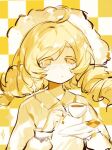  1girl ahoge blonde_hair checkerboard_cookie checkered_background closed_mouth cookie cup drill_hair food hat holding holding_cup holding_saucer light_blush light_frown mahou_shoujo_madoka_magica saucer shirt solo tomoe_mami upper_body wei_er_chenxing yellow_eyes 