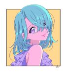  1girl bare_shoulders blue_hair border closed_mouth commentary_request earrings from_side hair_over_one_eye houjou_cosmo jewelry looking_at_viewer pink_lips pretty_(series) pripara rituyama1 short_hair signature smile solo upper_body violet_eyes white_border yellow_background 