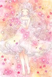  1girl back_bow bare_shoulders barefoot bow closed_eyes collarbone commentary_request dress eyelashes floral_background flower full_body lace-trimmed_bow lace-trimmed_dress lace_trim light_blush long_hair medium_dress original outstretched_hand parted_lips pink_background pink_flower pink_hair sleeveless sleeveless_dress solo takanashi_tsubasa twitter_username two-tone_background very_long_hair wavy_hair white_bow white_dress yellow_background 