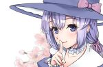  1girl blurry blurry_background cherry_blossoms collarbone commentary eyelashes finger_to_mouth hanamori_natsumi hat light_blush looking_at_viewer nail_polish pink_ribbon purple_hair ribbon shushing smile solo violet_eyes virtual_youtuber witch_hat 
