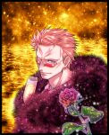  1boy blonde_hair coat collared_shirt cup donquixote_doflamingo earrings feather_coat flower glass highres holding holding_cup jewelry leaf light_particles looking_at_viewer looking_over_eyewear male_focus necktie ocean one_eye_closed one_piece pink_coat red_eyes red_flower red_necktie red_rose rose shirt short_hair smile sunglasses tatsuoryusei upper_body white_shirt yellow_background 