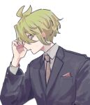  1boy :d alternate_costume amami_rantaro antenna_hair black_jacket brown_necktie collared_shirt danganronpa_(series) danganronpa_v3:_killing_harmony formal green_eyes green_hair grey_background grey_shirt hand_up jacket long_sleeves necktie oji-sama_(ochi4t) open_mouth shirt short_hair simple_background smile solo sweatdrop 