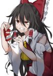  absurdres addiction ascot black_hair bow cigarette cigarette_pack commentary_request hair_bow hair_tubes hakurei_reimu highres hisha_(kan_moko) holding holding_cigarette_pack japanese_clothes miko open_mouth red_eyes simple_background smoking sweat sweatdrop teeth tobacco touhou 