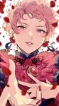  1boy 2023 black_shirt dated earrings ensemble_stars! flower gem hand_on_own_chest happy_birthday highres itsuki_shu jewelry kenpi_(kentin_jiru) male_focus multicolored_shirt petals pink_hair red_flower red_gemstone red_nails red_petals red_rose red_shirt rose rose_petals shirt short_hair smile solo teeth violet_eyes white_background 