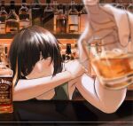  1girl alcohol ashiran bar_(place) black_hair blurry blurry_foreground blush closed_mouth commentary dated eyepatch foreshortening girls_frontline green_tank_top highres indoors jack_daniel&#039;s light_particles long_hair looking_at_viewer m16a1_(girls&#039;_frontline) multicolored_hair one_eye_covered orange_eyes orange_hair reaching reaching_towards_viewer scar scar_on_face signature solo streaked_hair tank_top upper_body whiskey 