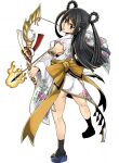  1girl black_hair bow bow_(weapon) brown_eyes detached_sleeves flaming_arrow full_body gate_of_nightmares hairstyle_request highres holding holding_weapon japanese_clothes long_hair looking_at_viewer mashima_hiro official_art robe sandals socks solo transparent_background weapon white_robe white_sleeves white_socks yellow_bow yurina_(gate_of_nightmares) 