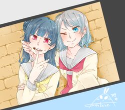  2girls anger_vein blue_eyes blue_hair blush bow bowtie brick_wall cheek_pull closed_mouth collarbone commentary_request fake_screenshot grey_hair grey_sailor_collar hair_bun highres kashikaze long_hair long_sleeves looking_at_viewer love_live! love_live!_sunshine!! multiple_girls neckerchief one_eye_closed open_mouth red_eyes red_neckerchief sailor_collar school_uniform selfie serafuku shirt short_hair signature single_side_bun smile sweatdrop teeth tsushima_yoshiko uranohoshi_school_uniform v watanabe_you white_shirt yellow_bow yellow_bowtie 