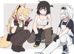  3girls animal_ear_fluff animal_ears arknights aurora_(arknights) bear_ears bear_girl black_gloves blemishine_(arknights) blonde_hair blue_eyes brown_pants eunectes_(arknights) gloves high_ponytail horse_ears horse_girl horse_tail kumamoto_aichi looking_at_another multiple_girls pants pointy_ears smile snake_girl snake_tail tail v white_hair 